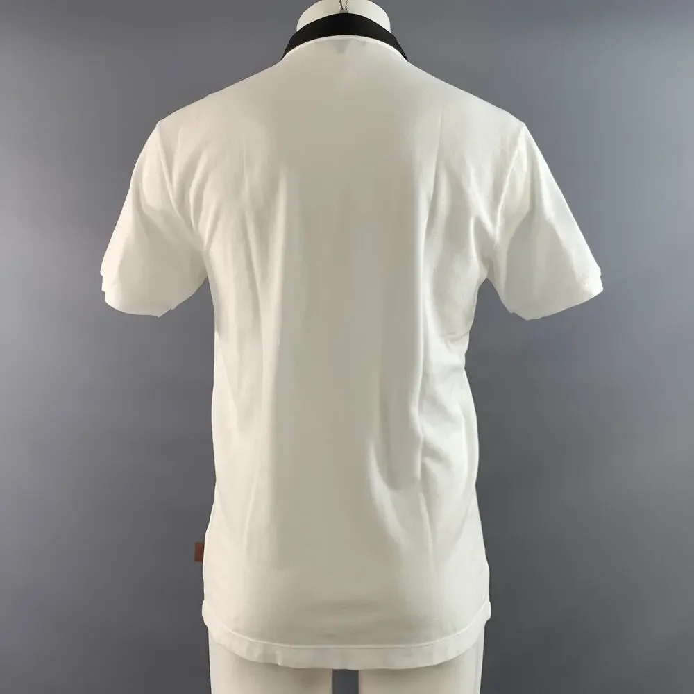 GUCCI Size M White Black Mixed Fabrics Cotton Leather Hidden Buttons Polo